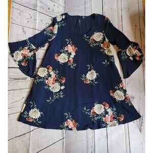 Mittoshop Bell Sleeve Floral Navy Blue Dress Size L
